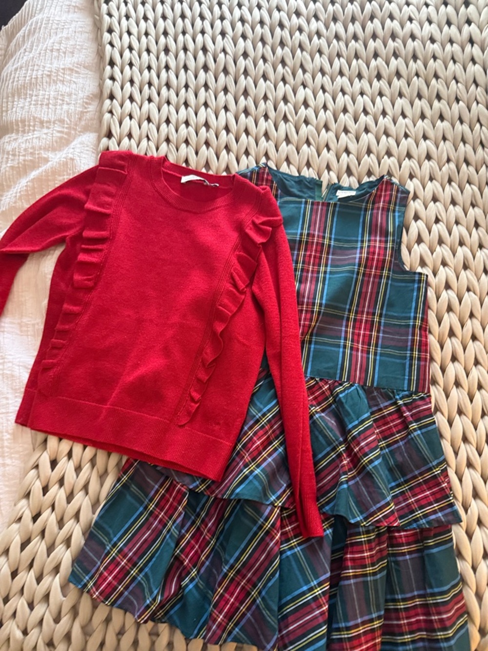 J. Crew Red Ruffle Sweater with Green & Red Plaid Tiered Dress